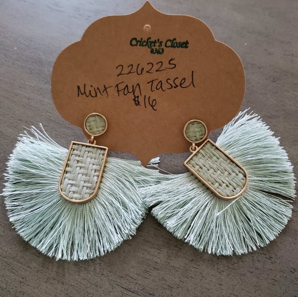 Mint fan tassel earrings